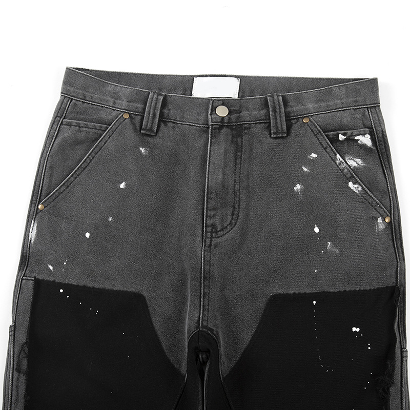 High Street lavado apenado costura registro jeans hombres moda retro Splash-tinta impreso pantalones de pierna ancha