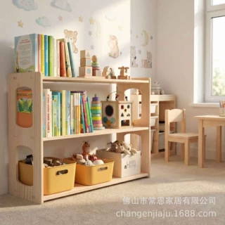 跨境供应实木儿童落地书架家用空间玩具收纳置物架儿童房转角书柜