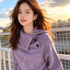 不规则翻领麻花针织衫上衣女秋冬新款斗篷蝙蝠袖套头毛衣外穿