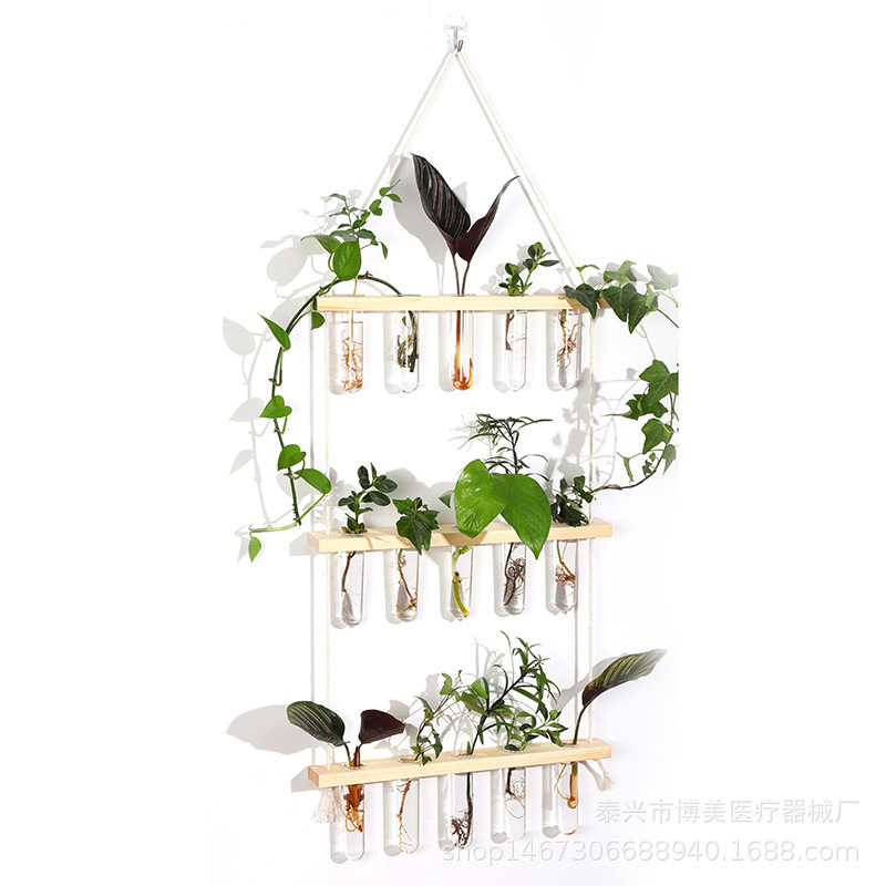 三层五孔挂壁式水培玻璃翻边试管圆底试管绿萝植物插花瓶墙面装饰