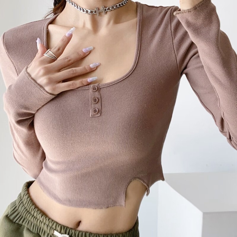 American-style slim-fit short cropped cropped cropped cropped bottoming shirt elastic figure-flattering sexy U-neck off-the-collarbone long sleeve T-shirt top