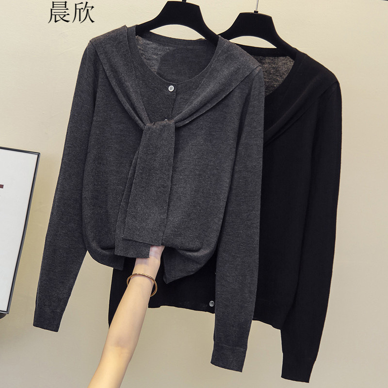 胖遮肚子显瘦涤纶（聚酯纤维）衫女秋季新款大码宽松型百搭假两件