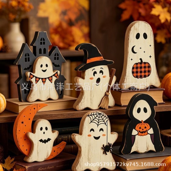 Cross-Border Popular Halloween Wooden Pumpkin Ghost Black Cat Ornaments Room Desktop Holiday Decoration Wooden Crafts