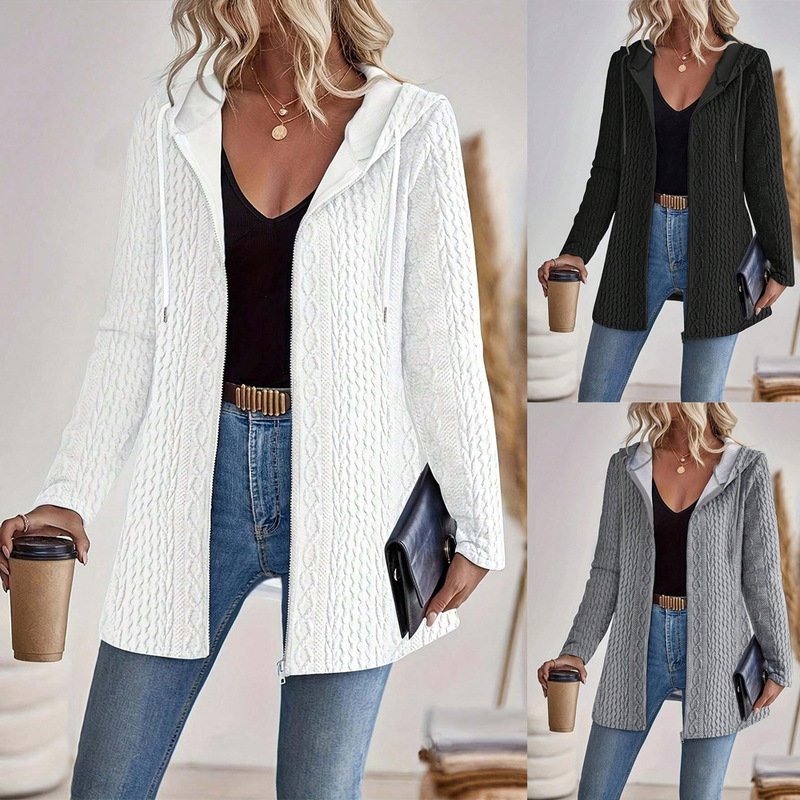 European and American 2025 Amazon Cross-Border Women's New Women's Hooded Twist Knitted Cardigan Jacket Jacket Top