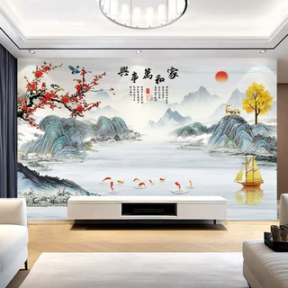 新中式山水画电视背景墙壁布客厅壁纸3d立体壁画装饰影视墙布