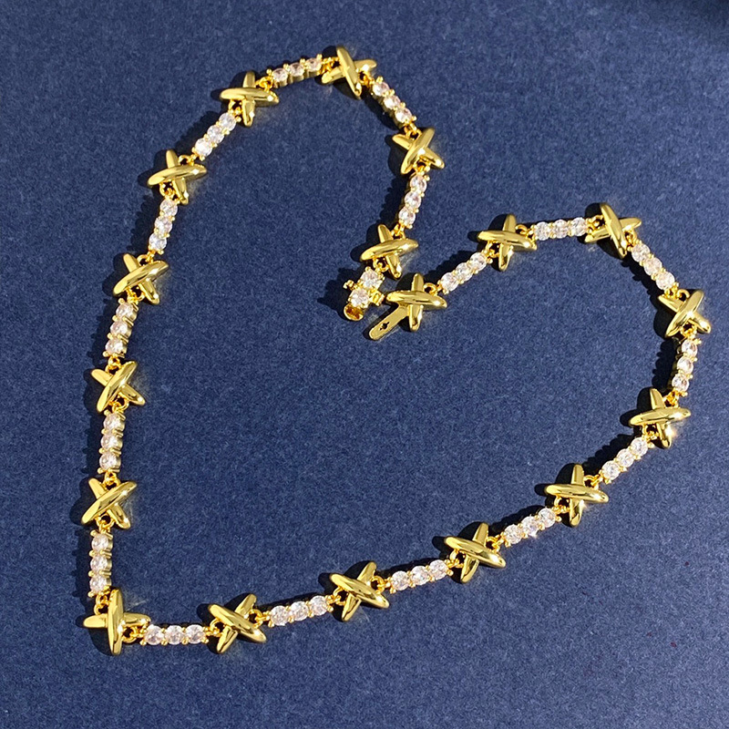クロスボーダー熱売銅金メッキアクセサリー光沢金属x文字入れドリル軽贅沢ネックレスカップルデザイン感首チェーン|undefined
