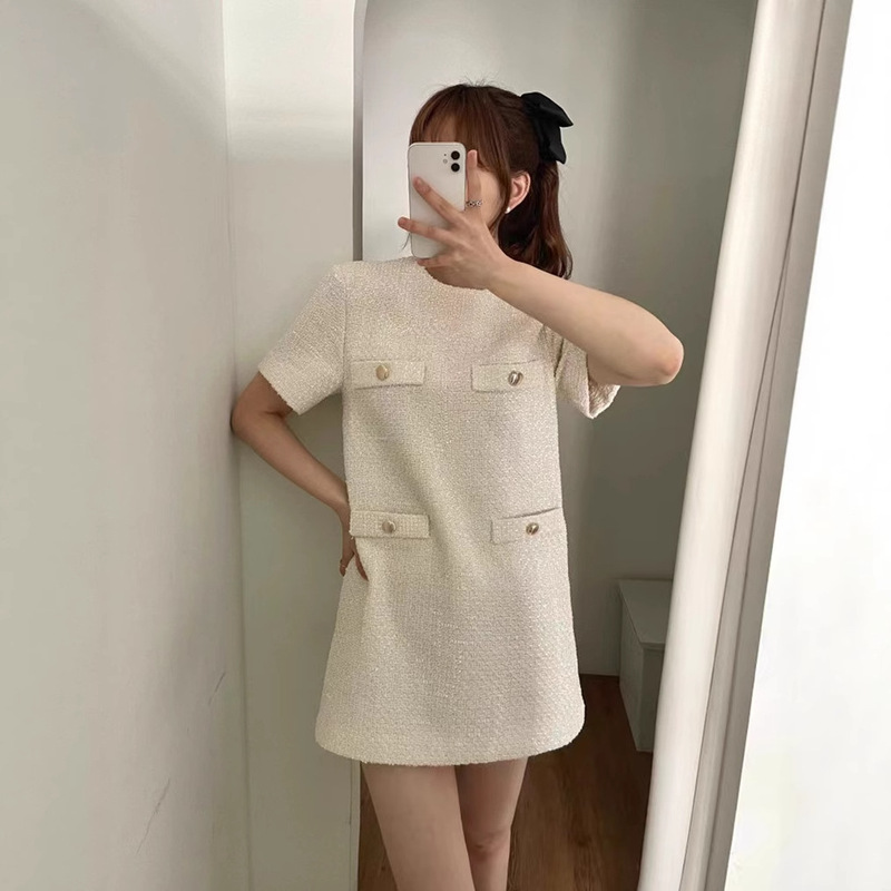 Chanel-Style Dress for Women, Summer Korean Niche Design, Thin Tweed, Petite Loose High-End A-Line Dress