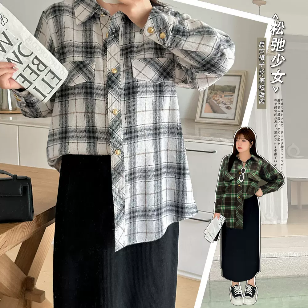 MJ257春季慵懒风复古格子开衫衬衫女装中长款宽松外套上衣女-BFD