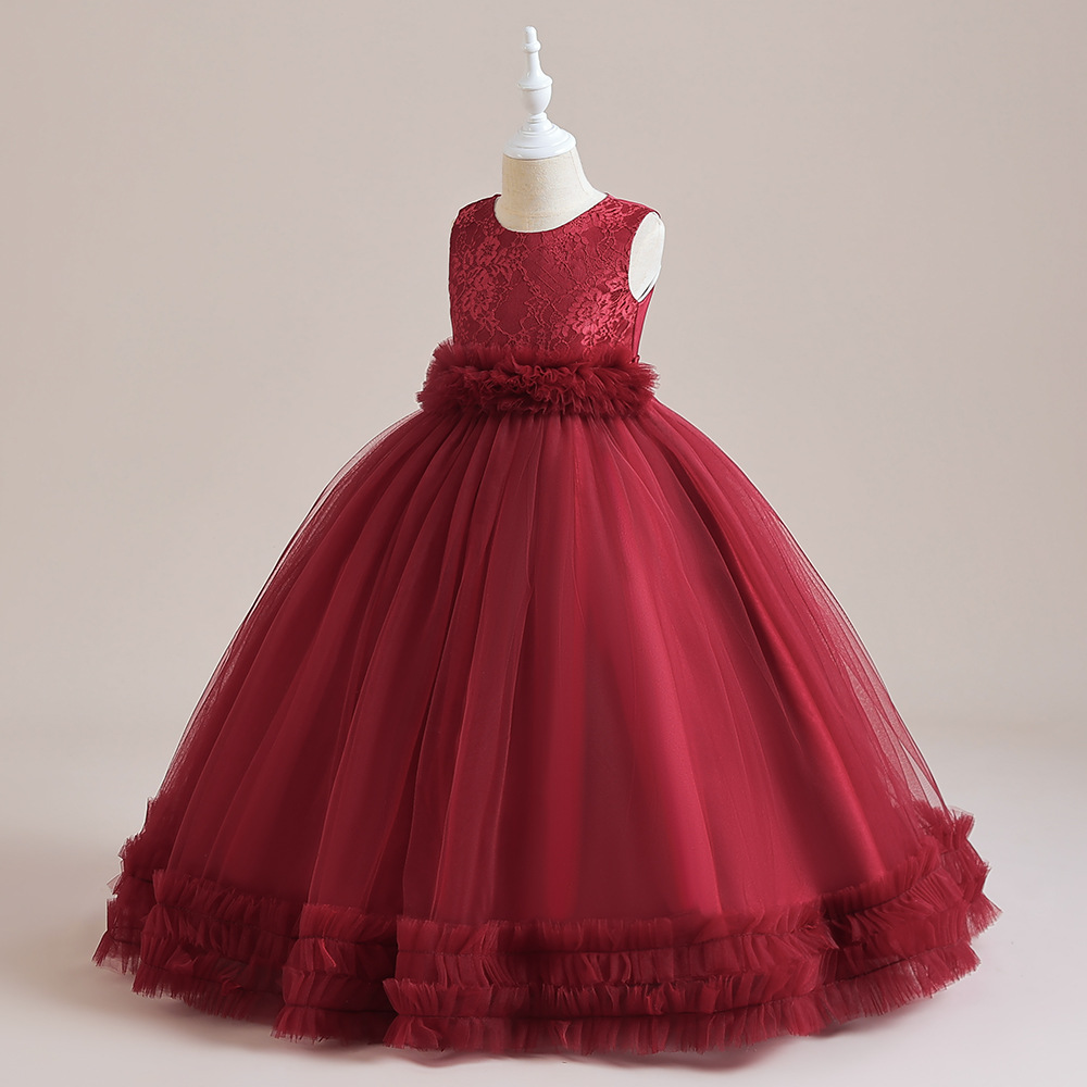 Amazon nuevo vestido de niña de las flores vestido largo vestido de novia de las niñas bordado malla princesa pettiskirt vestido de los niños