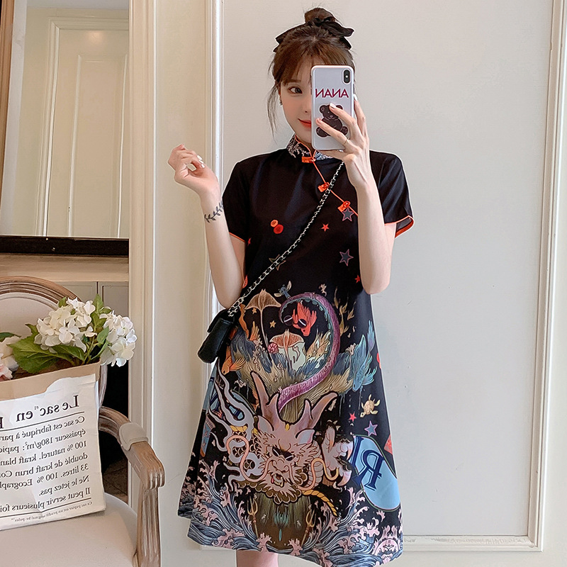 Real shot goods in stock Chinese style Large Dress 2021 summer new pattern Easy fashion Improved edition modern cheongsam