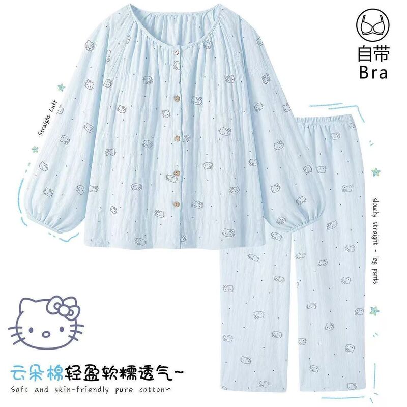 Popular KT Cat pajamas with chest pads, long-sleeved and long-pant, sweet cartoon style, can be worn outside, home wear set for women
