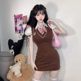 2026新款纯欲学院风JK连衣裙美式包臀裙辣妹女学生假两件裙子