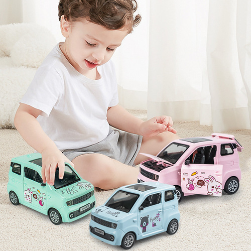Mini plastic car model with opening doors, lights, music, and inertia for children, durable and crash-resistant