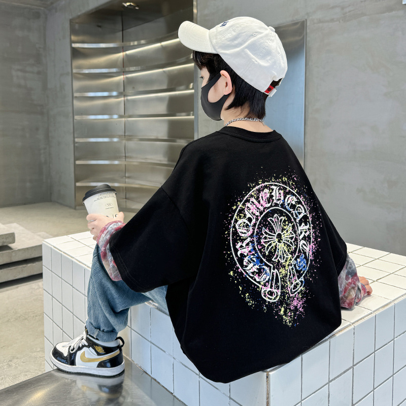 男童春秋裝長袖假兩件t恤2024新款兒童打底衫男孩春季中大童上衣8