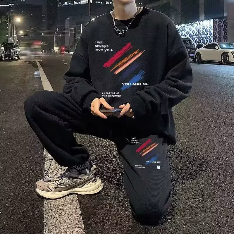 Повседневный костюм мужской осенний новый свободный плюс большой размер тренд свитера брюки спортивный досуг из двух частей