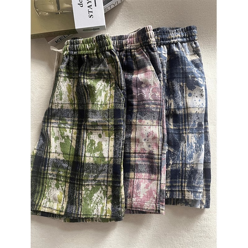 Casual Straight Leg Tie Dye Plaid Shorts For Men And Women Loose Fitting Five Point Beach Pants High Street Fashion Summer_viptrois.com