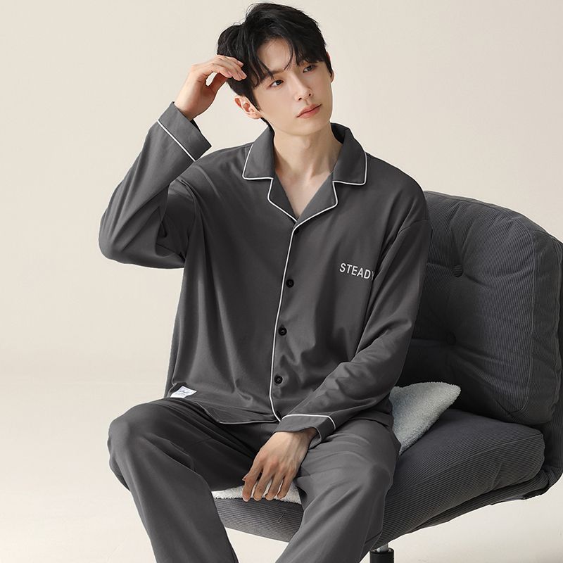 Pijama de hombre primavera y otoño cardigan de manga larga set delgado suelto algodón puro estilo exterior se puede usar ropa de hogar