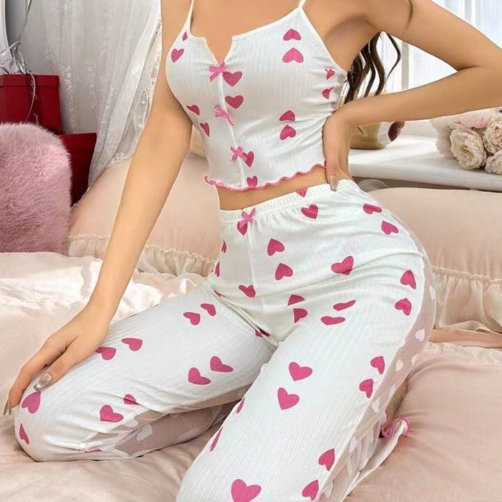 2024 nuevo estilo de impresión para el hogar, malla de costura de color en contraste, ropa para el hogar, traje de pijama de tirantes con aberturas 7001