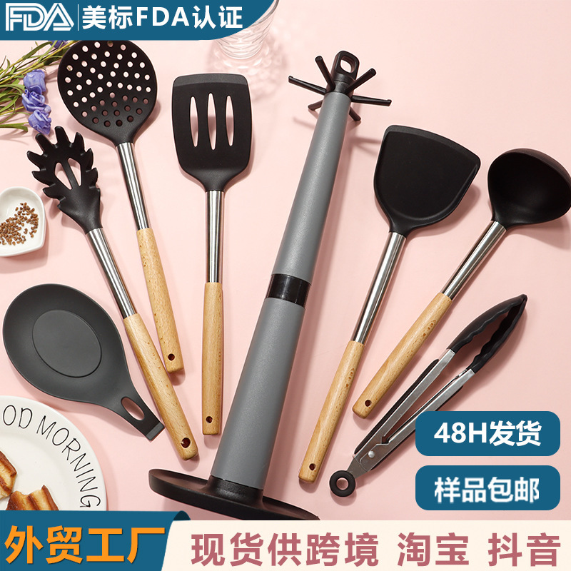 Cuchara de sopa de espátula de silicona transfronteriza Juego de 8 piezas de sartén antiadherente Pala de silicona de grado alimenticio Juego de utensilios de cocina de silicona para el hogar al por mayor