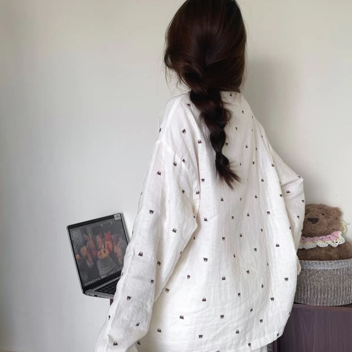 Nube de algodón de otoño pijama coreano de mujer de dibujos animados de bordes rasgados osos 2025 nuevos pantalones de mangas largas se pueden usar fuera