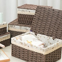 桌面收纳盒带盖子茶几零食收纳筐衣服化妆收纳篮杂物收纳箱藤编