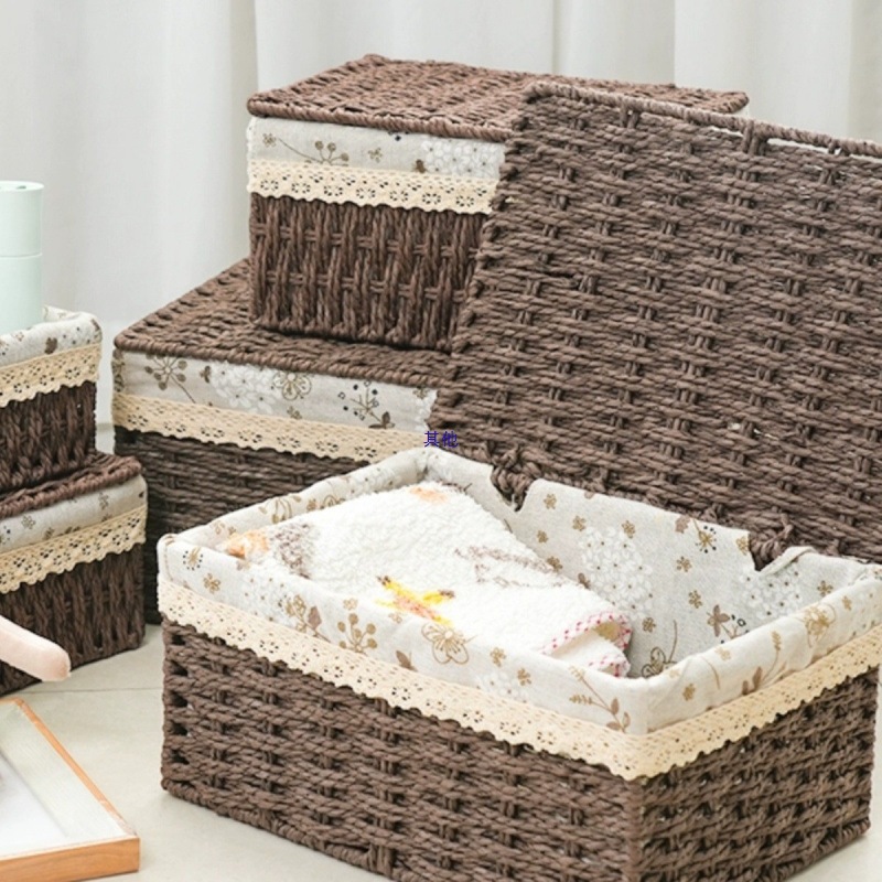 桌面收纳盒带盖子茶几零食收纳筐衣服化妆收纳篮杂物收纳箱藤编