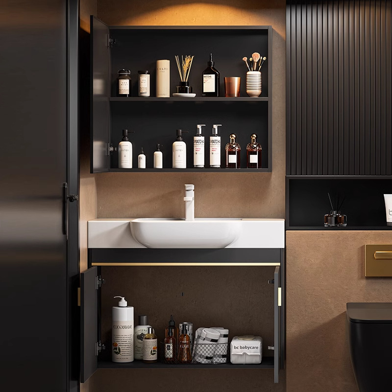 Cabinet de baño de aluminio espacio de lujo ligero para casa pequeña, gabinete de lavabo de lavado de cara, gabinete de lavabo combinado para el hogar, lavabo integral