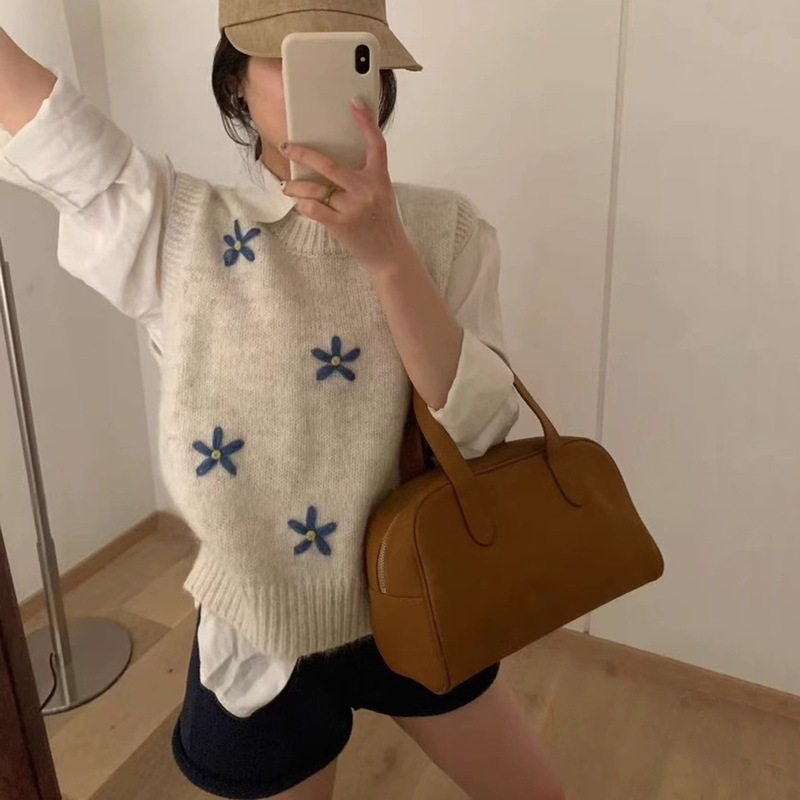 韩系刺绣无袖针织背心马甲女春秋季外搭叠穿圆领毛衣叠穿坎肩马夹|undefined