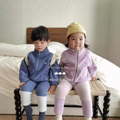 大小卷24秋冬兒童奧粒絨卡通韓版純色拉鏈立領外套打底褲套裝