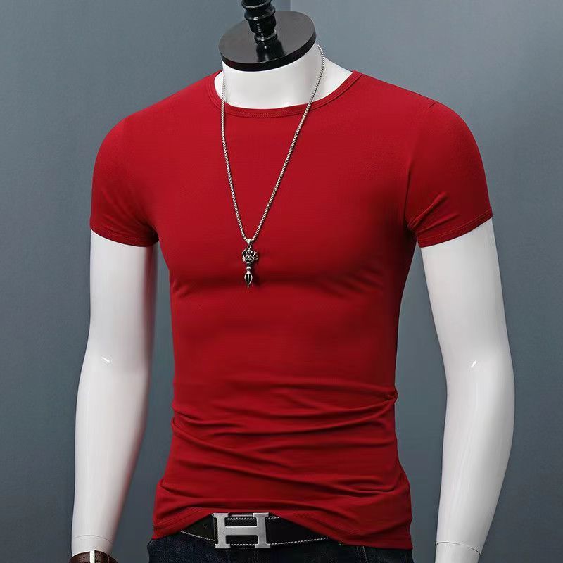 Summer cool round neck short-sleeved slim men's shirt solid color…