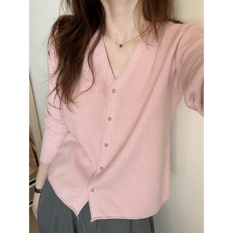 Kaning Autumn Knitted Cardigan Women's Gentle Pink V Neck Age-Reducing Thin Sweater Short Loose Top Trendy