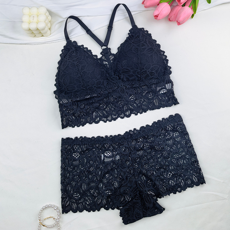 2025 nueva agencia transfronteriza de flores de mujer encaje ajustable correa de hombro bra de empuje y conjunto de pantalones