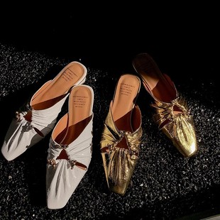 Free Shipping; Leather Slippers Go Out to Wear Light Luxury High-end Baotou Sandals Summer Sandals Half Slippers Women's Shoes