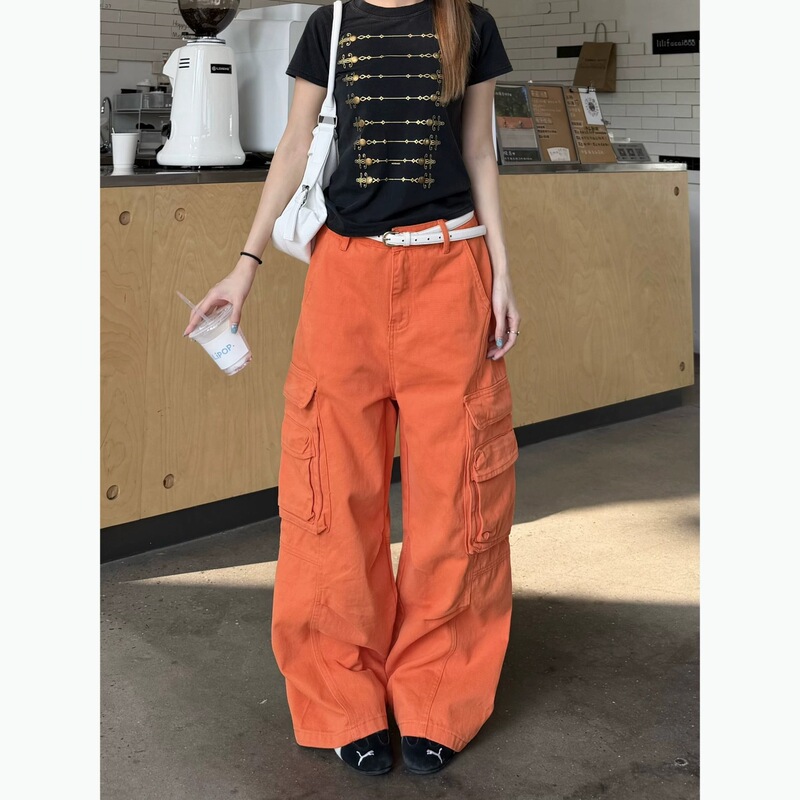 American retro orange multi-pocket design wide-leg cargo pants for men and women, loose and versatile straight street trousers