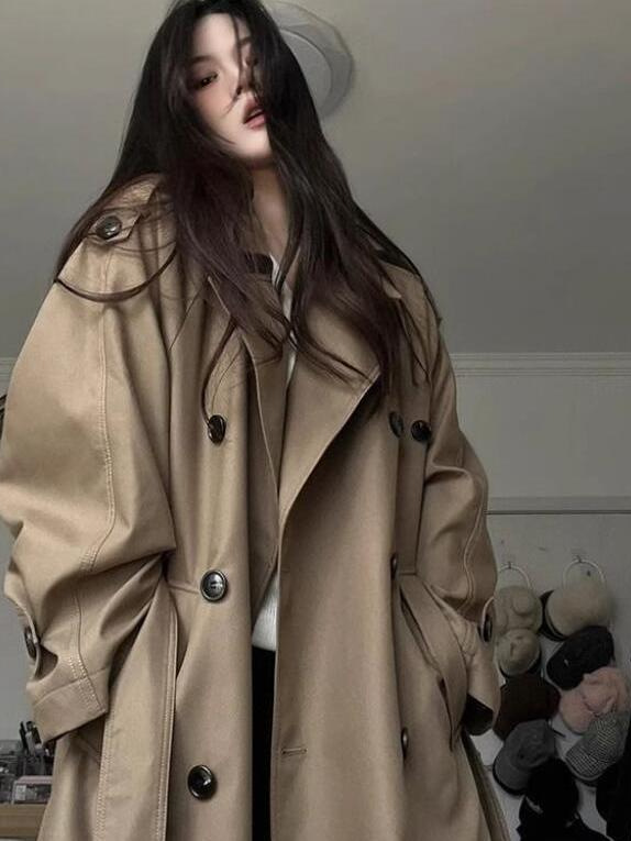 2025 Silhouette Mid-Length Casual British Style Windbreaker Jacket Spring & Fall Lapel Tall Stand Collar Lace-Up Coat