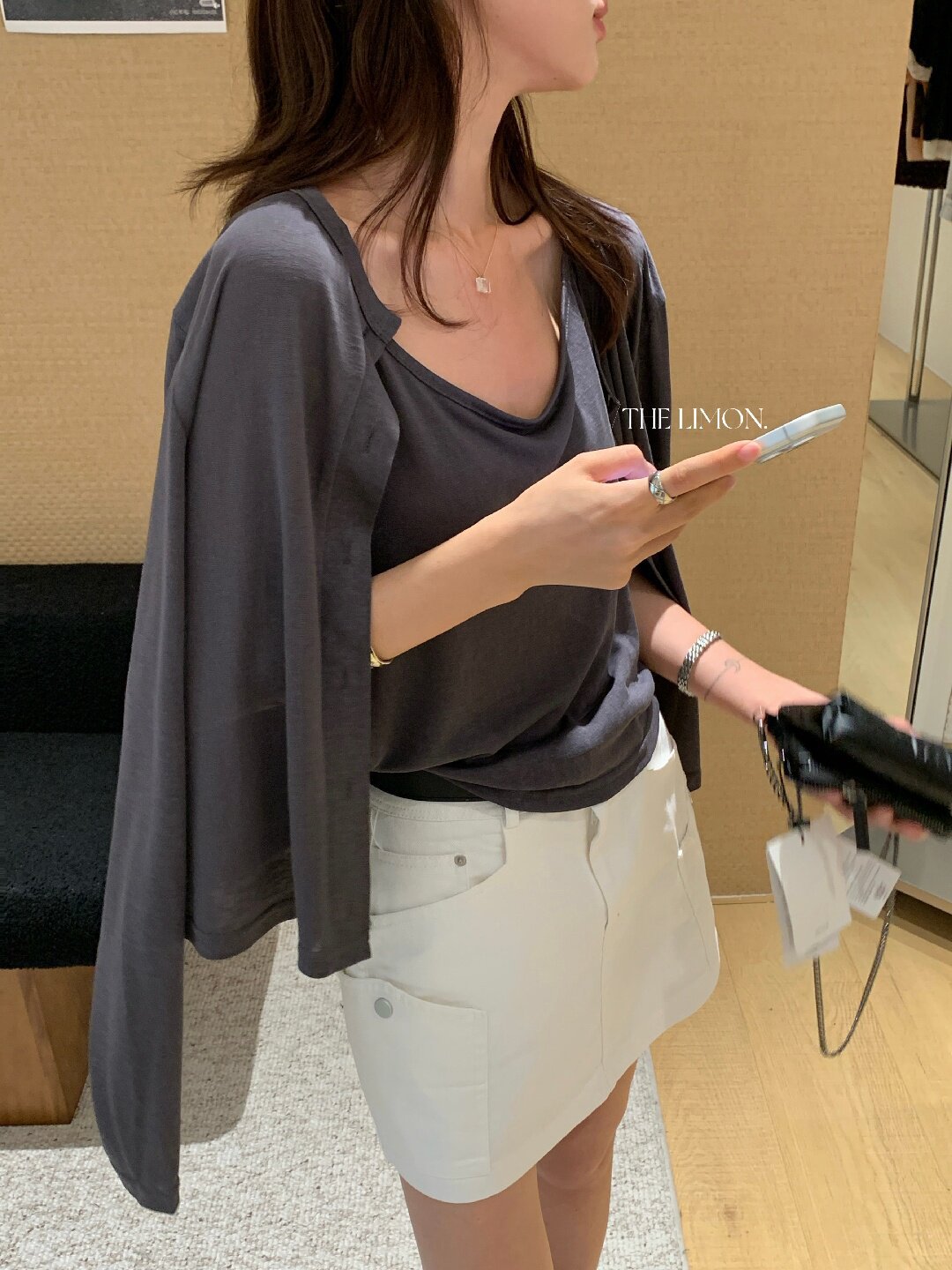 Bộ cardigan len mỏng kèm áo hai dây hai mảnh nữ mùa hè — Xám cacbon, xanh lam, màu hồng, Đậu xanh chi tiết 63