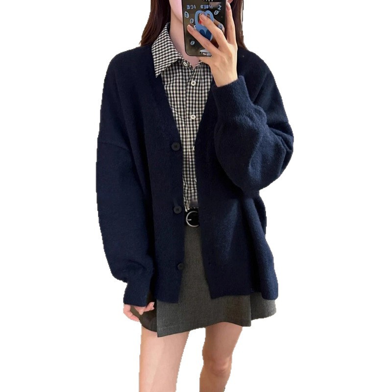 早秋冬新慵懒风宽松毛衣针织开衫衣外套女通勤学院风V领软糯上衣|undefined