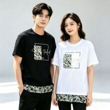 潮牌刺绣新款男士时尚休闲短袖T恤潮流圆领体恤条纹撞色拼接上衣