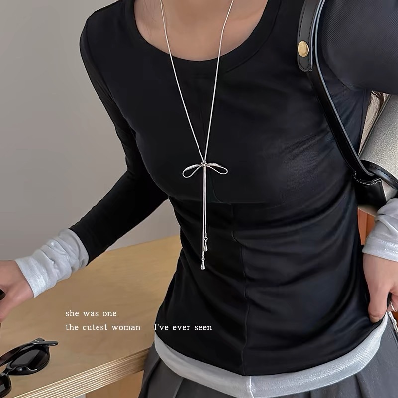 Bow Pendant Necklace Women's Korean Style Long Decorative Sweater Chain Silver Daily Versatile T-Shirt Accessories Wear