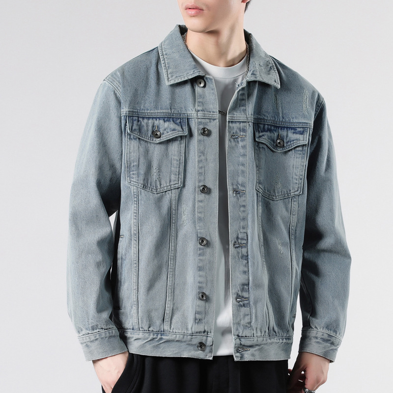 LKTM Men's Wear # Chaqueta de mezclilla azul luz de la luna lavada de la marca de moda estadounidense para hombres, chaqueta de todo fósforo casual guapo