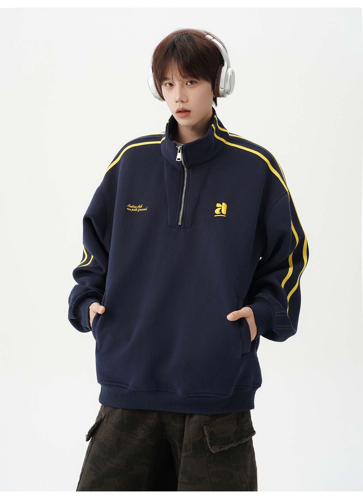 American Striped Stand-up Collar Couple Sweater Men's Autumn Tide Brand Retro Half-zipper Top Design Sense Heavy Sports Jacket_viptrois.com