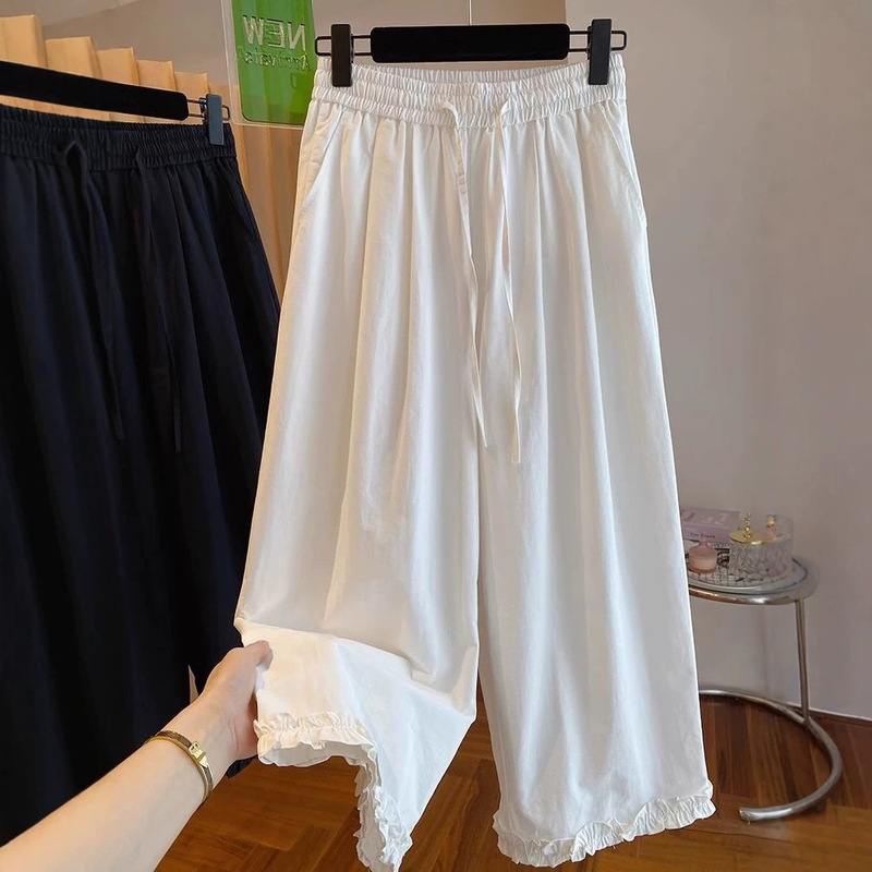 Plus-size women's clothing for plus-size ladies 120kg Ruffled versatile casual cropped wide-leg pants for women, loose straight pants for summer Plus-size women's clothing for plus-size ladies 120kg Ruffled versatile casual cropped wide-leg pants for women, loose straight pants for summer