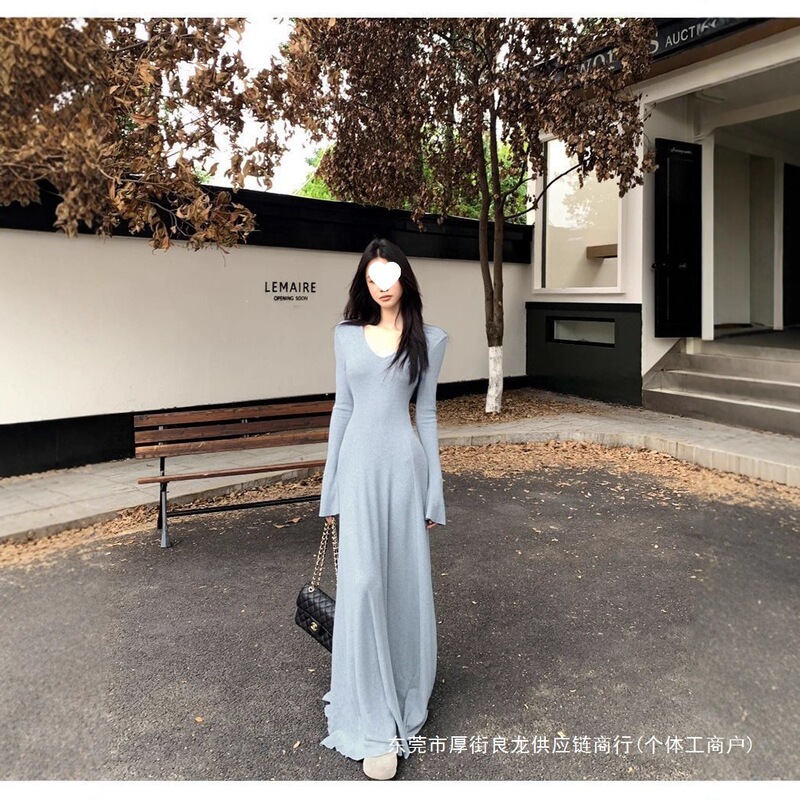 Long V-Neck Long-Sleeved Knitted Dress for Women, Worn under a Trench Coat, with a Fitted Long Skirt, Korean Style Outfit