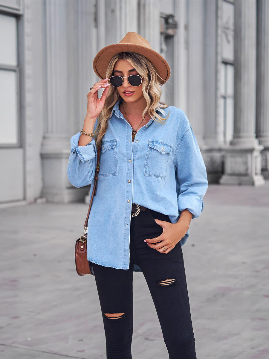 European and American Cross-Border Wish Amazon Independent Station New Slim Denim Jacket Single-Breasted Long-Sleeve Casual Shirt for Women
