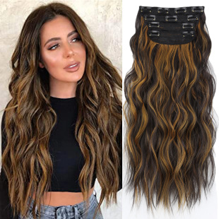 Cross-Border European and American Long Curly Wigs for Women, Four-Piece Set with Clip-In Hair Extensions, Synthetic Hair Extensions Wholesale, European and American Style