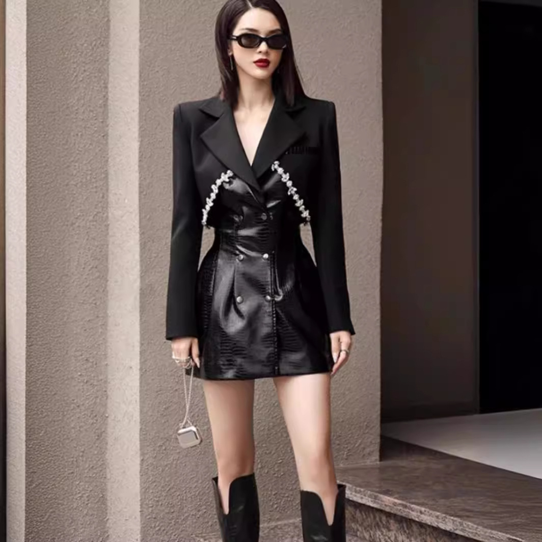 越南小众设计师黑色连衣裙镶钻酷飒冷艳皮质拼接西装裙气质晚礼服