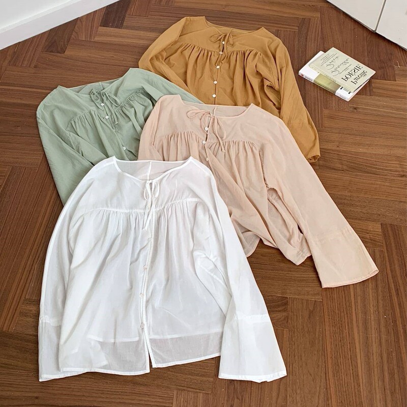 2026 Summer Korean Style Simple Lightweight Versatile Solid Color Breathable Solid Color Bow Tie Blouse Shirt for Women 2026 Summer Korean Style Simple Lightweight Versatile Solid Color Breathable Solid Color Bow Tie Blouse Shirt for Women