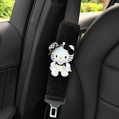Seat belt shoulder pad: Anti-Wear Clothing Protective Cover Universal - little-black-cat-with-black-straw-hat-and-white-skirt-1-black-velvet-shoulder-pad-hand-sewn