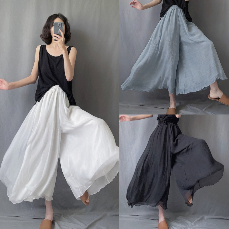 Black and White Elastic Waist Ramie Wide-Leg Pants, Loose Yoga Pants, Double-Layer Flowy Cotton-Linen Cropped Pants, Skirt Pants