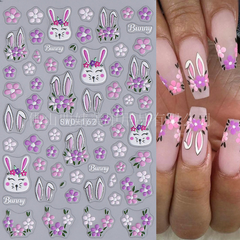 Foreign Trade Cross-Border Easter Nail Stickers Ins Small Daisy Flower Cartoon Cute Bunny 3D Nail Stickers